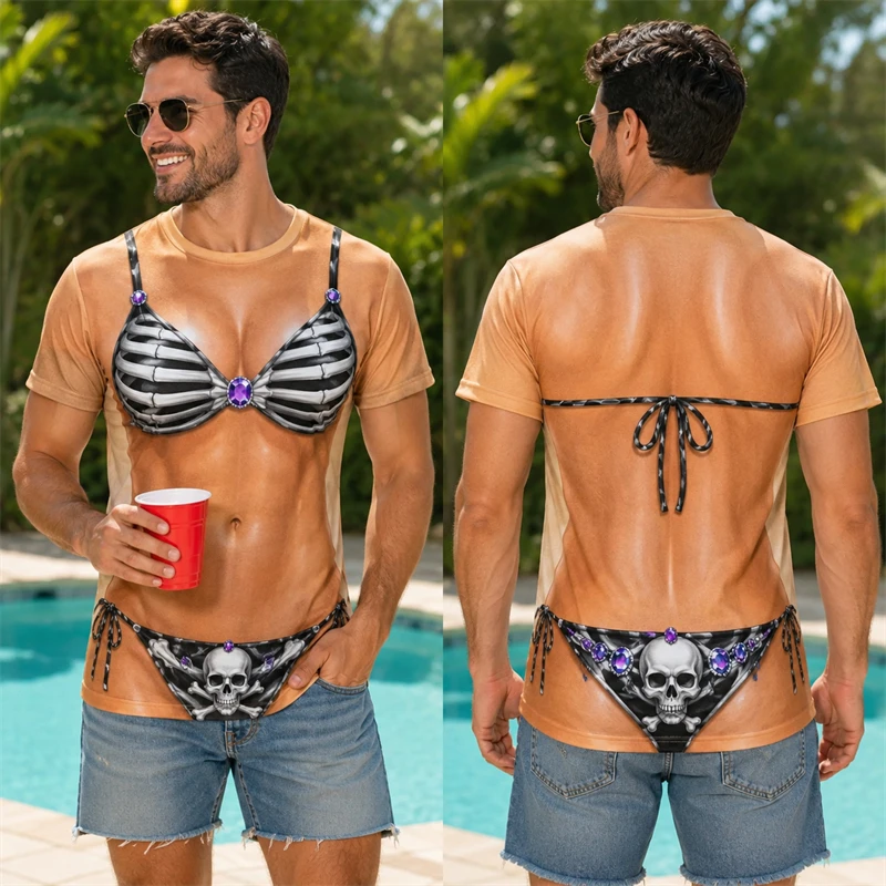 Funny 3d Body Bikini T‑shirt For Men Halloween Theme Design Costume Short Sleeve Tee For Bar Party Oversized Y2k Unisex T-shirts