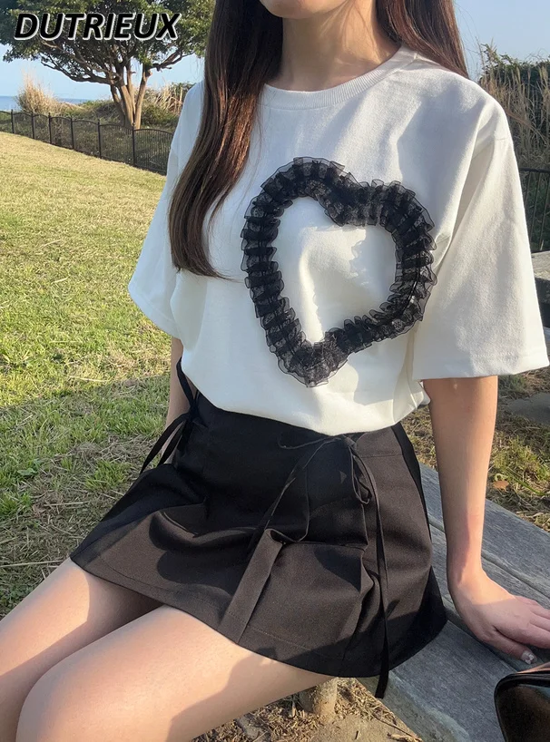 Summer New 2024 Japanese Style Sweet Tulle Lace Heart Pattern T-shirt Cute Girl All-Matching Round Neck Short Sleeve Tops