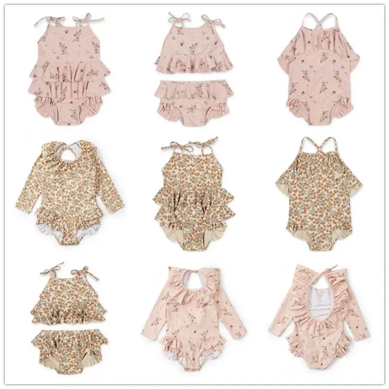 

Children's Floral Swimwear Girls Beachwear Long sleeve Sun Protection Princess Two Piece Hot Stamping Kid swimwear Girls