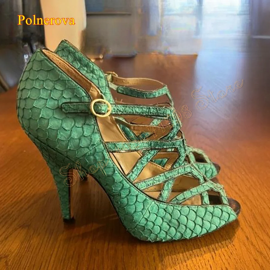 Green Woven Scale Sandals Peep Toe Buckle Thin Heel Women Shoes Wedding Party HIgh Heels Plus Size 2024 New Zapatos Para Mujere