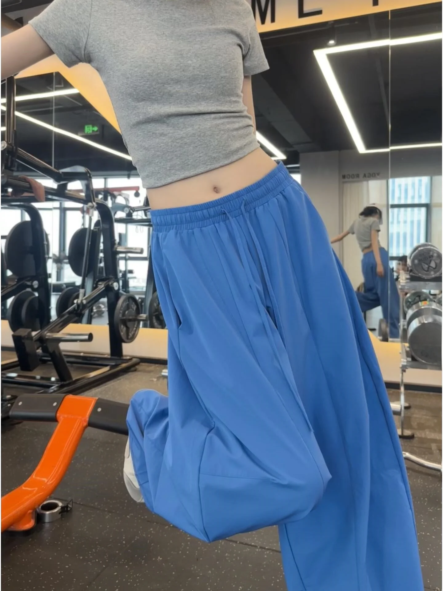 Quick Dry Wide Leg High Waist Thin Design Casual Pants for Women Summer Blue Drawstring Loose Fit Comfortable Cotton Trousers