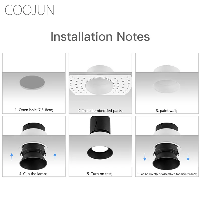 COOJUN LED 경계없는 통 5W 임베디드 천장 조명 프레임 원활한 크리 어 COB CRI Ra 93 벽 세척 미니 스포트 라이트 실내 램프