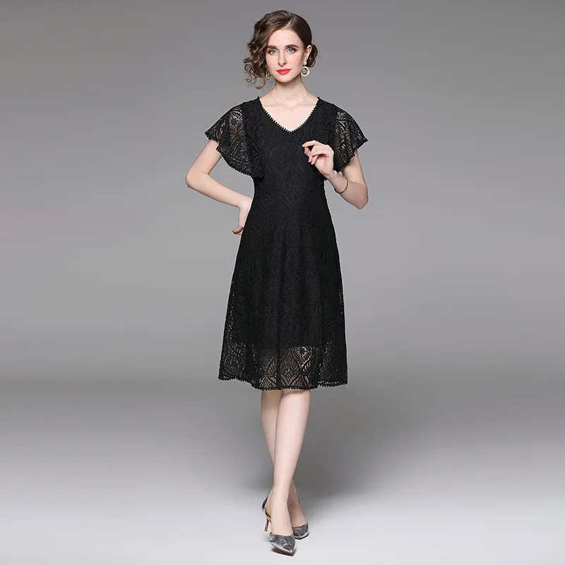 ZXRYXGS New Summer Women's Clothing Black Dress 2023 Temperament Luxury Celebrity Style Lace Premium Dress V-Neck Ladies Dresses