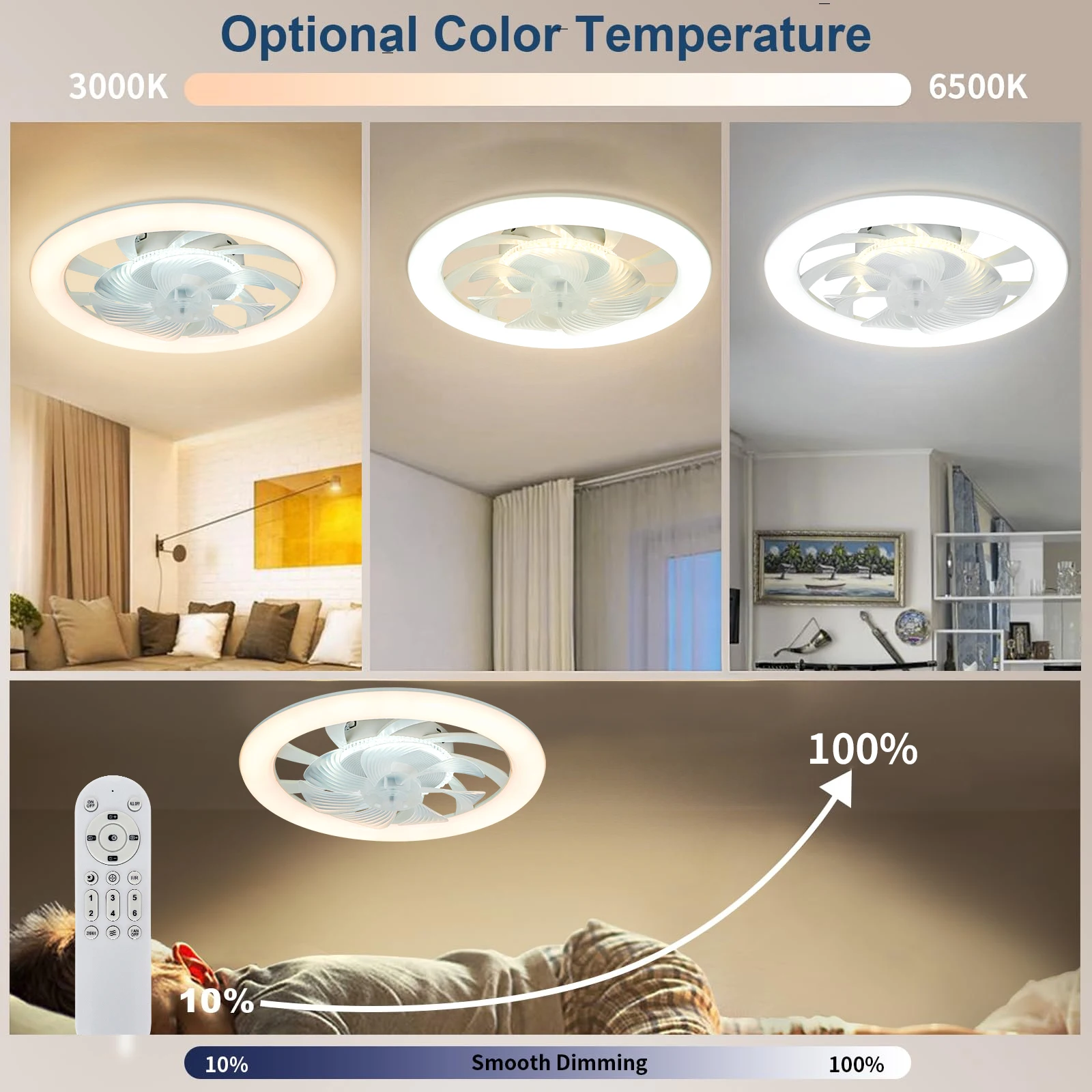 19 Inch Fan Light Emitting Crystal Decoration White Fan 3cct Reversible Bedroom Kitchen Ventilation Fan Toilet Lighting 110-240v