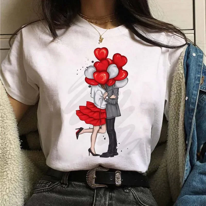 Camiseta estampada com balão vermelho feminino, camiseta com decote em O, manga curta, casual, fofa, moda feminina, nova