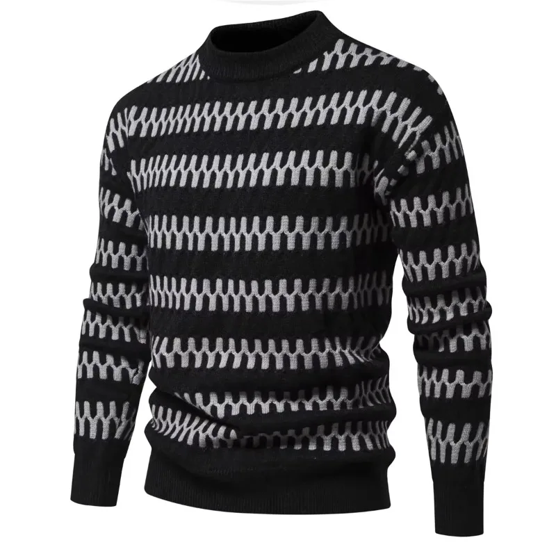 4 Colors Men's New Wave Stripes Round Neck Knit Jumper Fashion Casual Long Sleeve Sweater Mens Sweater