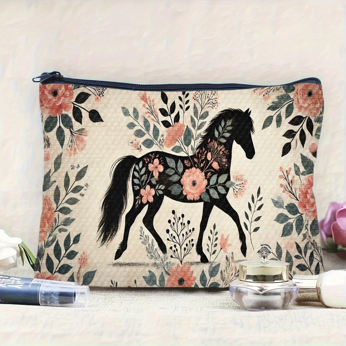 1pcFloral Silhouette Horse Art Design Makeup Bag Versatile Cosmetic Organizer, Travel Toiletry Pouch & Gift for Women