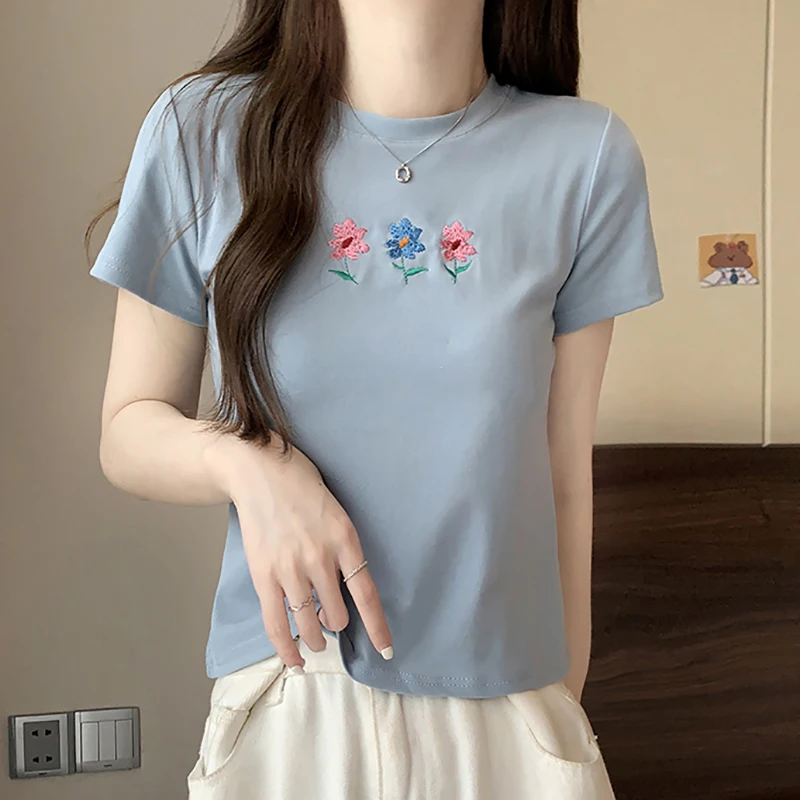 

Summer Crop T Shirt Women Embroidery Flower Cotton Short Sleeve Tee Shirt Femme Korean Fashion Womens Clothing T-Shirt Camisetas