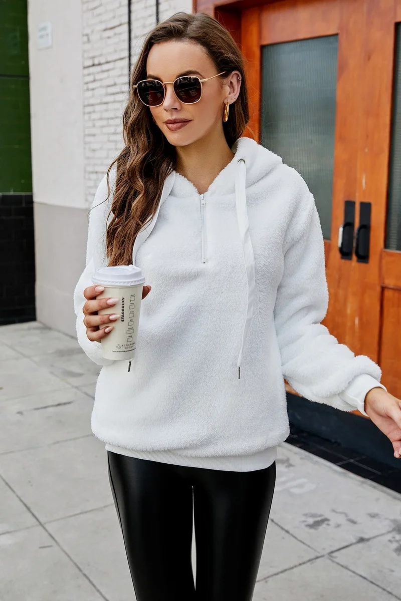 Women Solid Colors Big Pocket Pullover Sweatshirts Chic Autumn Winter Warm Casual Loose Hoodies Thicken Furry Hooded Sweatshirts