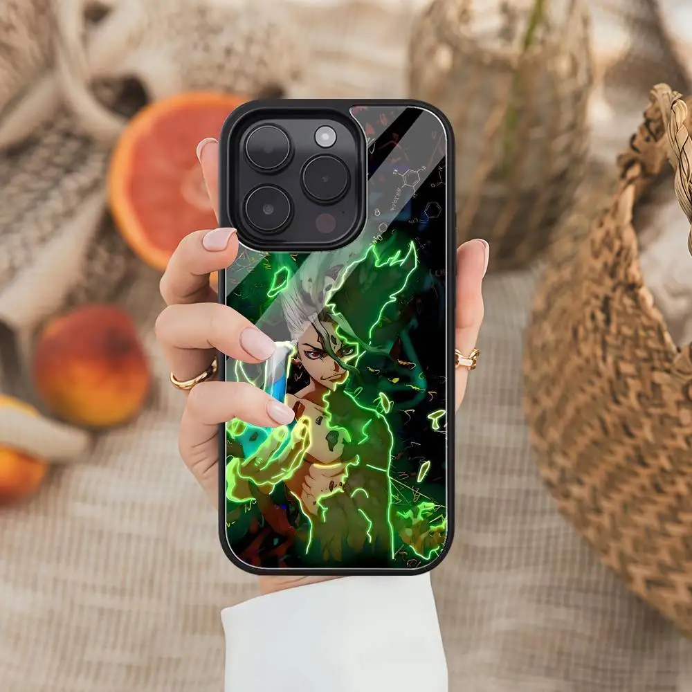 Anime dr s-stone caso de telefone preto plástico duro caso de telefone para iphone 17 ar 16 15 14 13 12 11 pro max pc tpu ins caso
