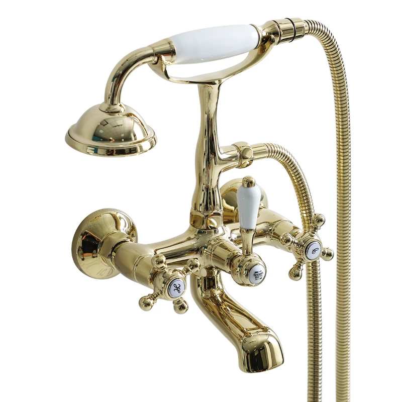 Retro European style bathtub faucet with raised base, zirconium gold ceramic handle, handheld phone showerhead