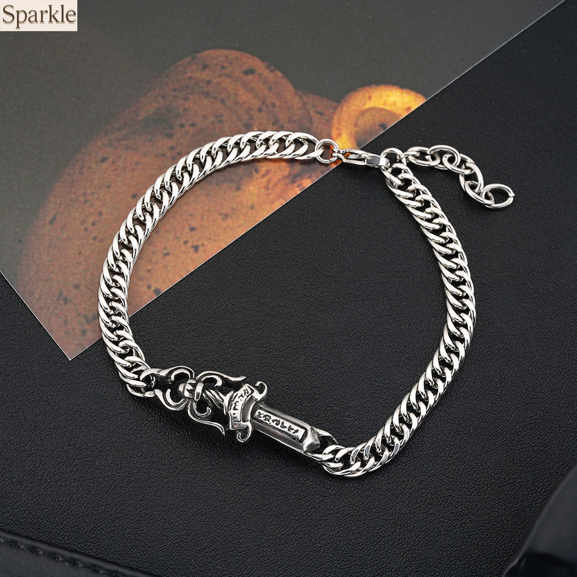 

Vintage Sword Bracelet for Men Stainless Steel Charm Cuban Link Chain Gothic Punk Bangle Cool Hip Hop Jewelry Party Gift