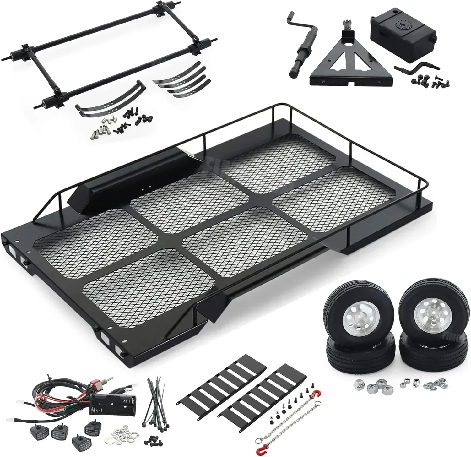 Metal Builder Kit 1/10 RC Trailer with Hitch Mount Receiver & Hauling Ropes for Crawler Cars Axial SCX10 D90  TRX4 TRX6 Redcat