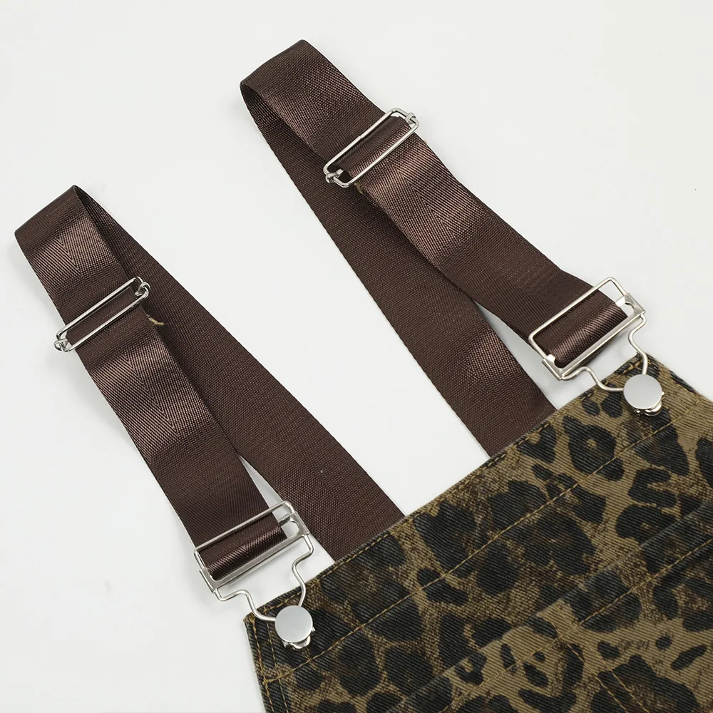 American Vintage Street Leopard Print Overalls Men\'s Design Loose Straight Denim Jumpsuit Trousers