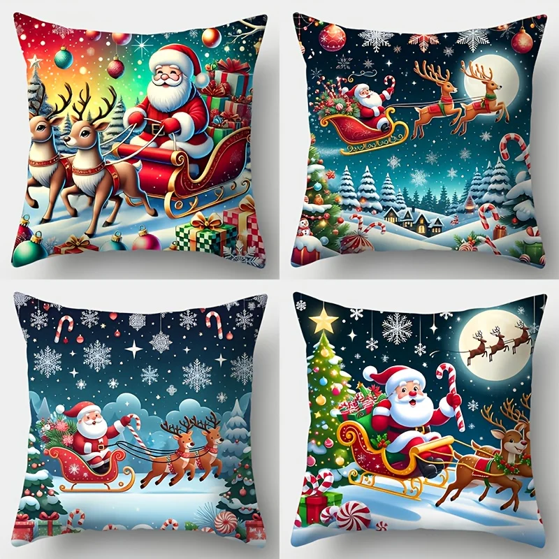 Christmas Pillow Covers 4pcs, Santa Reindeer Sleigh Single-Sided Print, Zippered Hand Wash for Sofa Holiday Decor