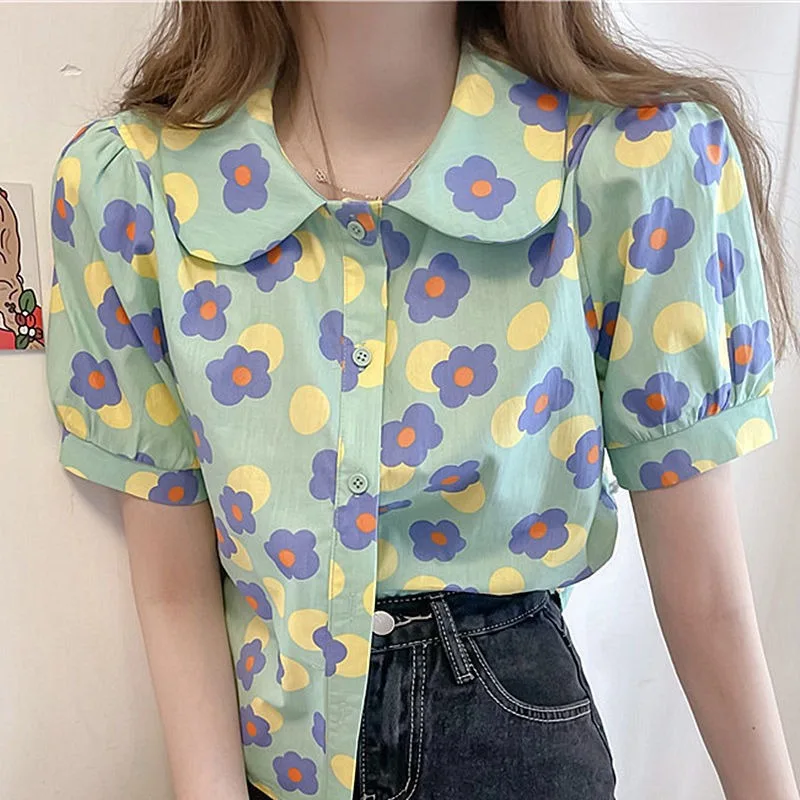 

Lolita Style Doll Collar Chic Flower Blouse Beautiful Puff Sleeve Button Up Shirts Elegant Summer Top Korean Women Girls Casual