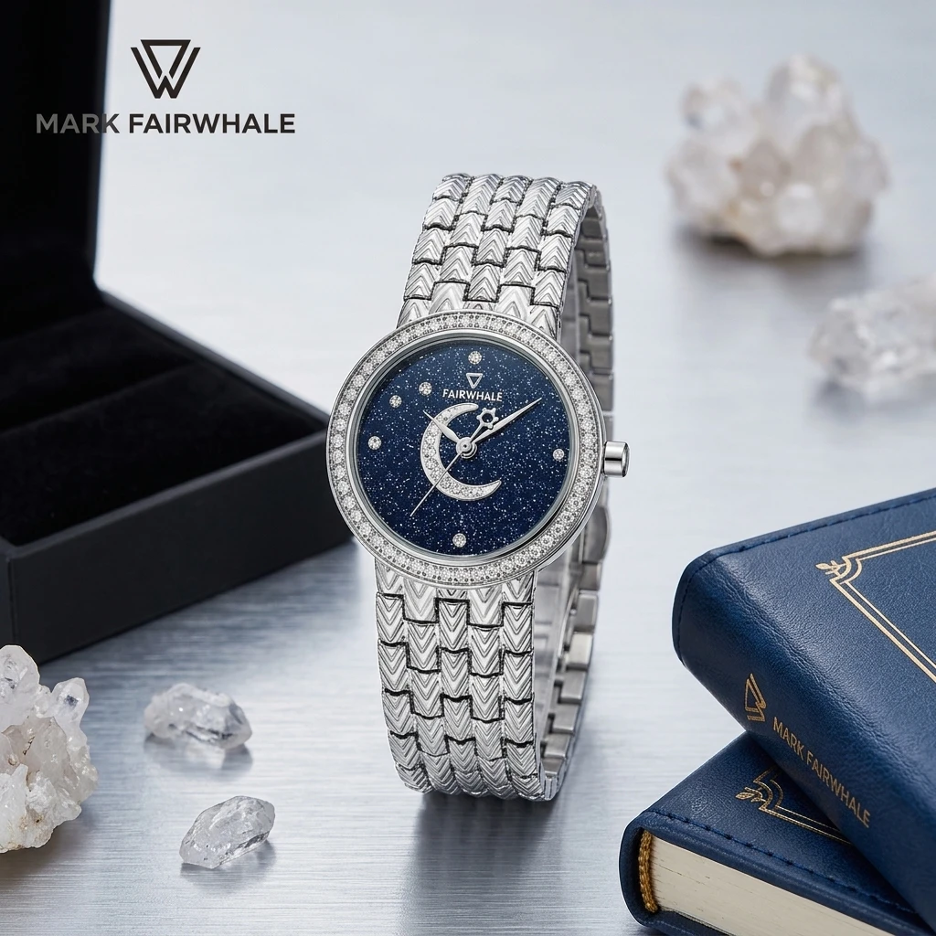 Mark Fairwhale Ladies Quartz Watch Round Starry Sand Dial Moon Phase Rhinestone Bezel Metal Link Bracelet Female Wristwatch