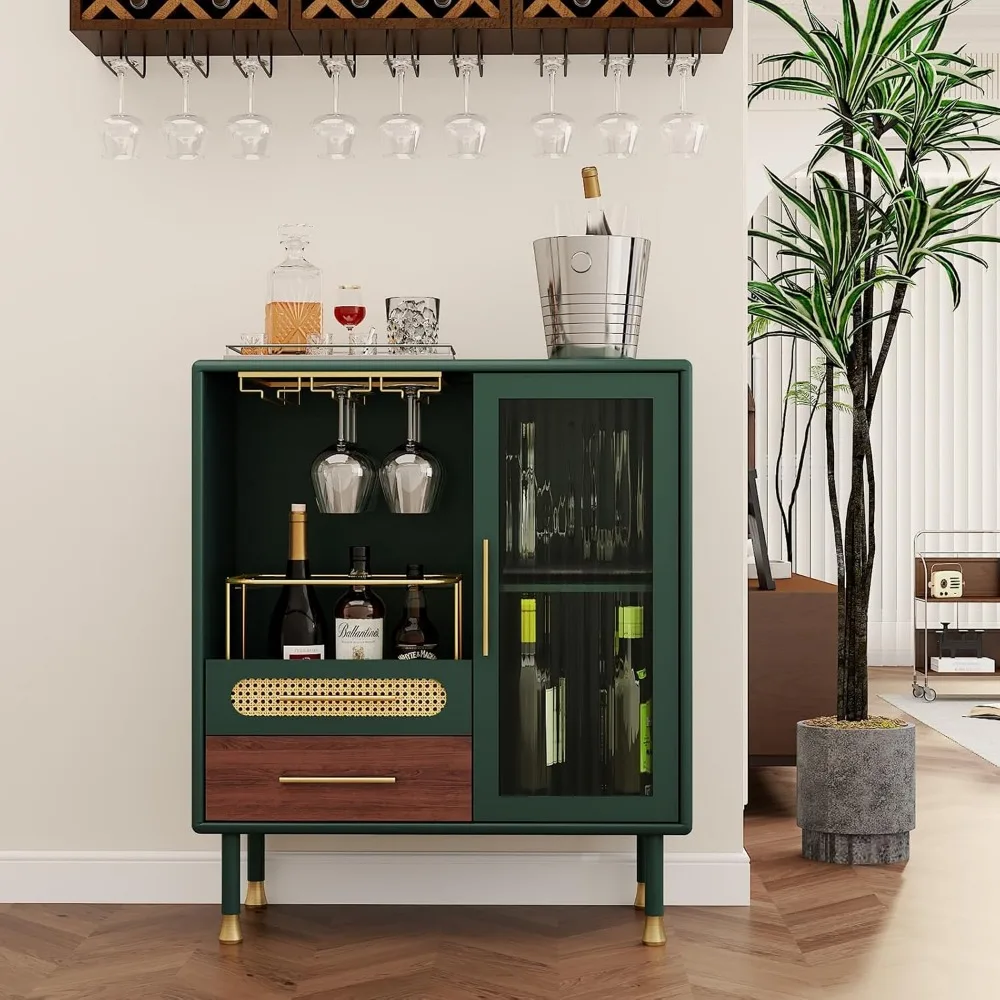 Modern coffee bar cabinets with wine glass shelves and drawers, green wine cabinets with pull out wine storage kitchen