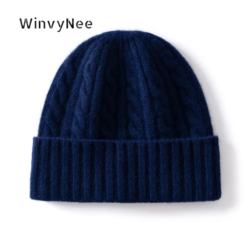 WinvyNee Women 100% Wool Cable Knit Vertical Rib Folded Brim Beanie Cap Autumn Winter Thickened Cozy Anti-Cold Headgear I1883045