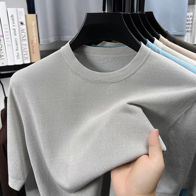 75,4% лиоцелловый трикотаж для мужчин, весна-лето 2021, повседневная вязаная футболка с круглым вырезом и коротким рукавом, дышащие льняные вязаные топы