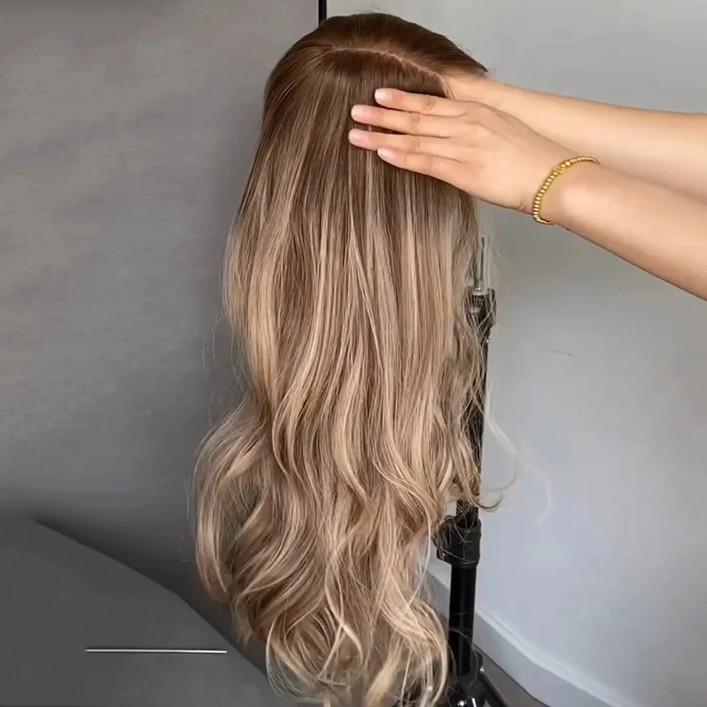 

Натуральный парик с предварительно проработанной линией роста волос, карамельно-коричневый с блонд-оттенками, синтетический, для женщин, 13x4, термостойкий, с кружевной передней частью