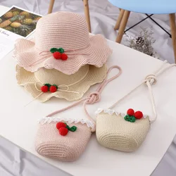 2 pcs New Children's Sun Protection Princess Beach Sun Hat Baby Girl Straw Hat Cherry Fisherman Hat And Bag Set For Kids