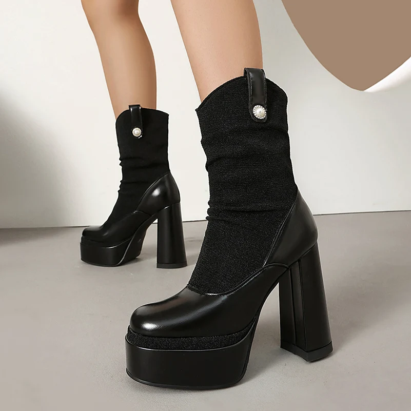 

Elastic Fabric Splicing PU Pearl Buckle Slip On Mid-Calf Boots Platform Ultra-High Hollow Thick Heel Noble Boots