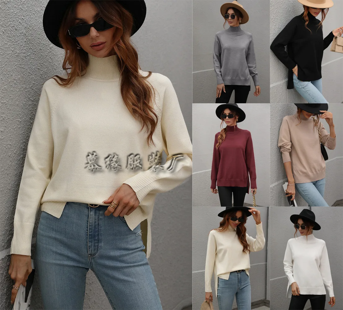 Solid color high neck pullover sweater for women, 2023 new soft glutinous lazy style knitted inner layer top for women