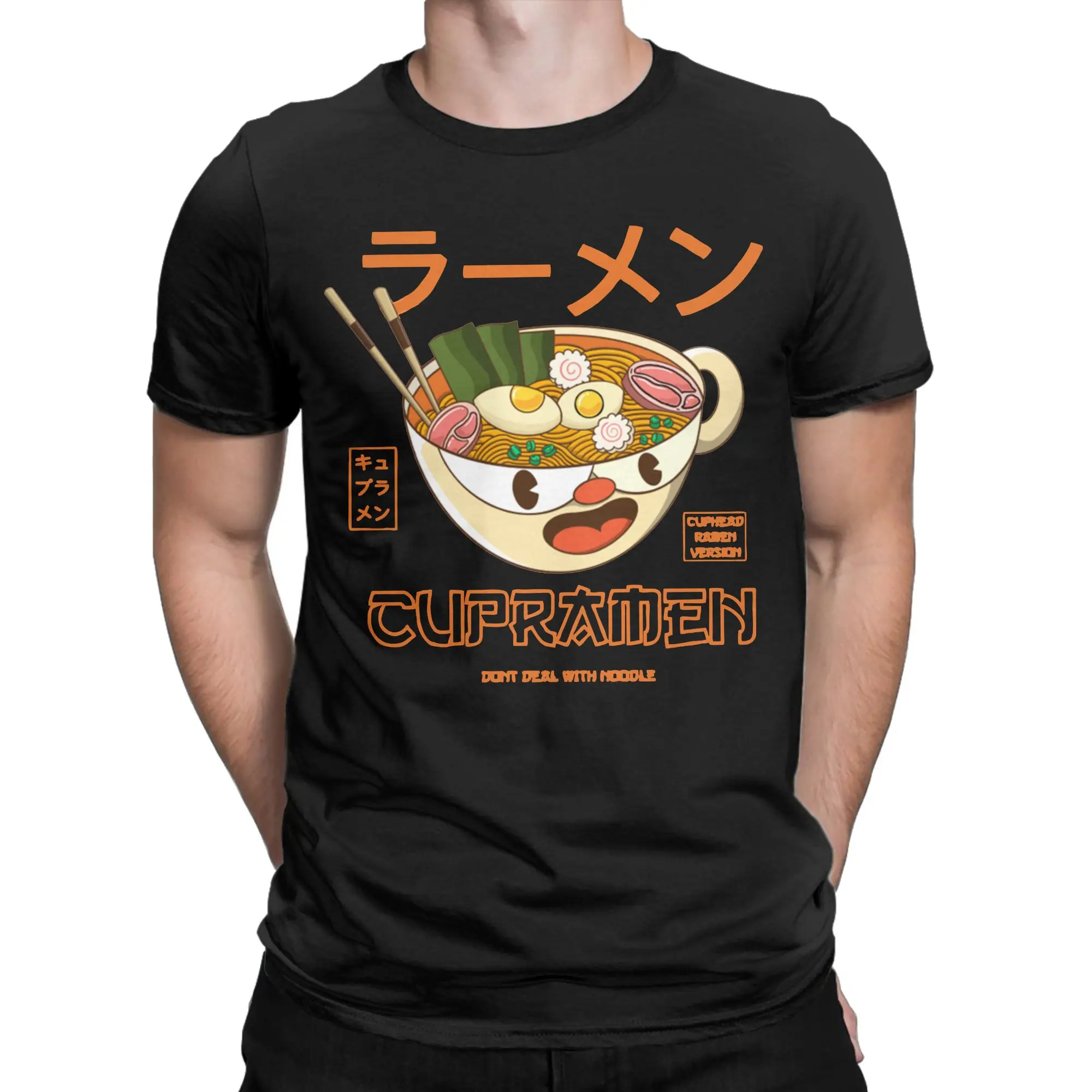 Vintage Cupramen Cuphead T-Shirt for Men Round Collar 100% Cotton T Shirts Cartoon Short Sleeve Tees Graphic Printed Clothes