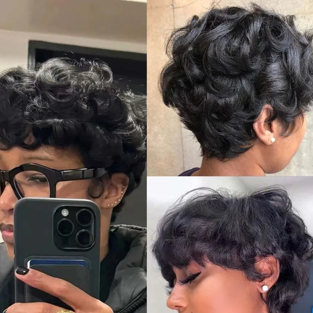 Короткие прямые яичные вьющиеся человеческие волосы Парики Пикси Боб Стрижка Бразильские волосы Машинное производство для женщин Предварительно выщипанные волосы Готовые к ношению