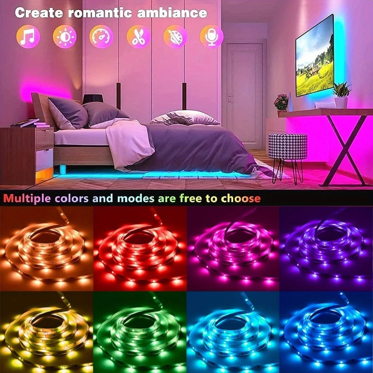 RGB LED Strip Lights TV Background 3 Keys Button Control Flexible Adhesive Tape Suitable for Game Room Halloween Christmas Decor