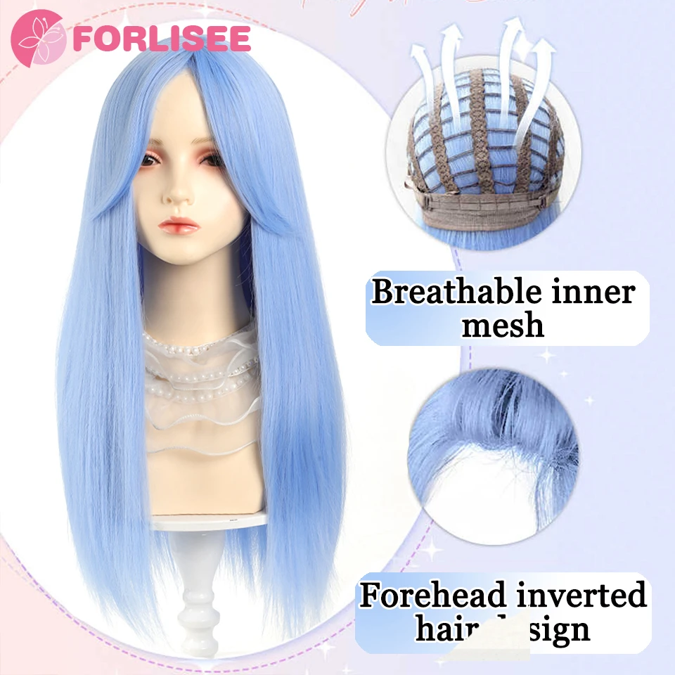 FORLISEE Synthetic Long Straight Lolita Wig with Bangs Wig Girl Cute Ombre Glacier Blue Cosplay Party Halloween Harajuku Wig