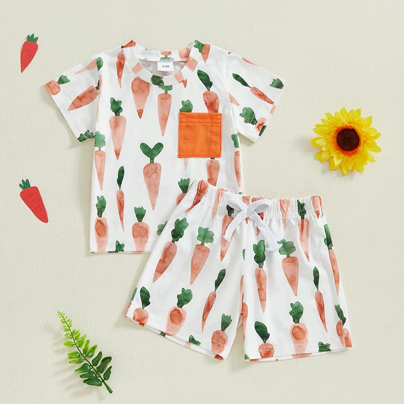 

2024-11-01 Lioraitiin Toddler Baby Easter Shorts Set Able Carrot Print Short Sleeve Round Neck Tops Elastic Waistband Shorts
