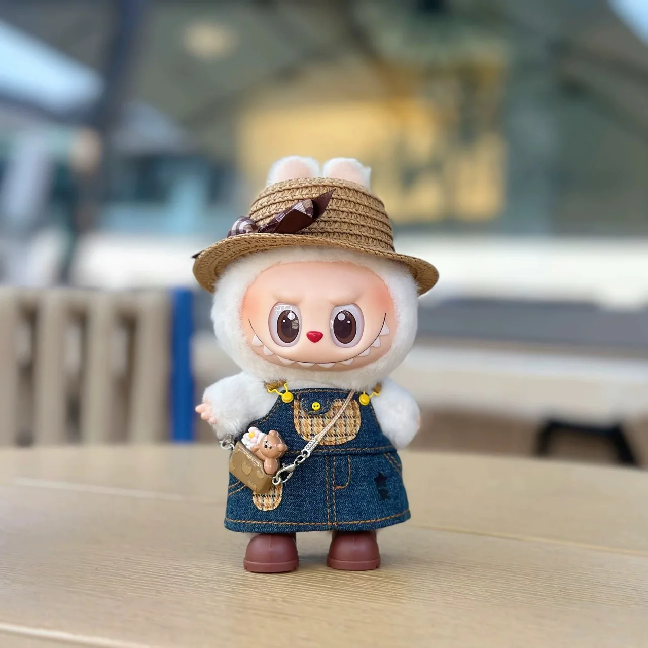 

17cm Labubu Doll Clothes Denim Overall Dress Pendant Labubu Straw Hat Skirts Outfits for 1st & 2nd & 3rd Generation