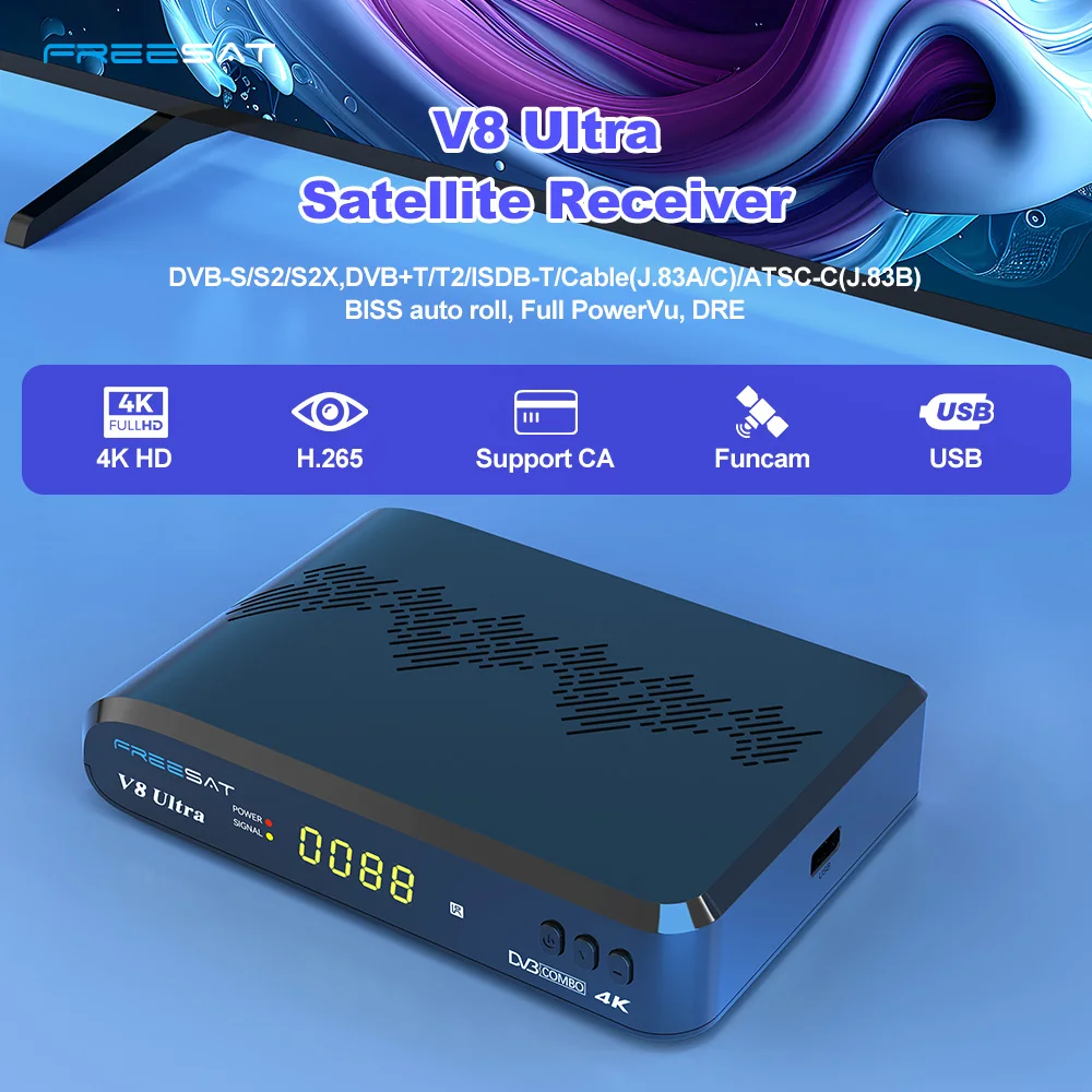 

FREESAT V8 Ultra DVB-S/S2/S2X,DVB+T/T2/ISDB-T/C Satellite receiver 4K HD H.265 Built-inWIFI BISSautoroll Support Funcam Mars