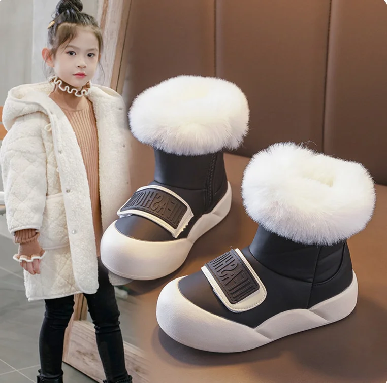 Teenager Girl's Plush Boots PU Leather Waterproof Cotton Shoes Thick Warm Faux Fur Snow Boots For Big Girls Fashion Footwear