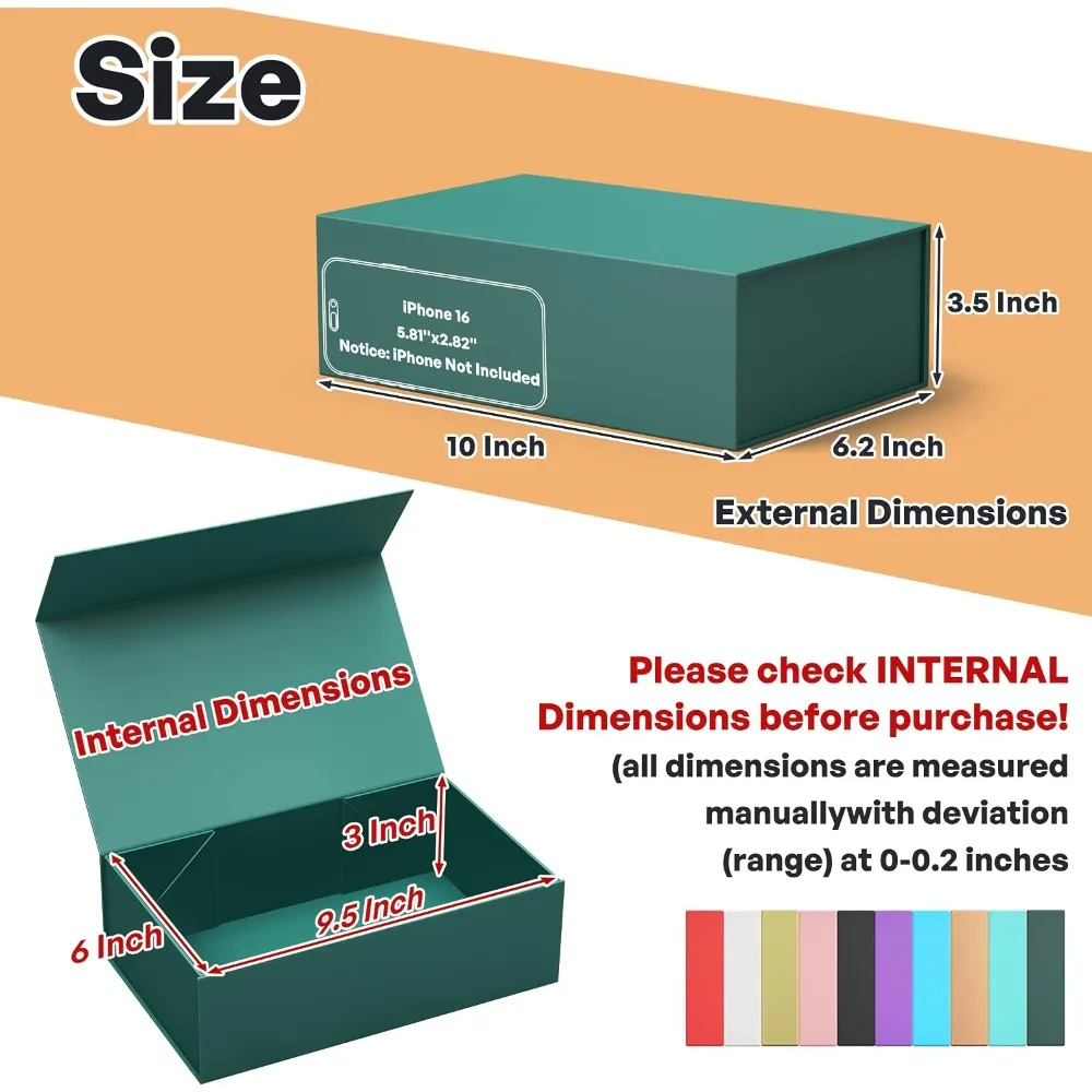 Green Gift Box with Magnetic Closure Collapsible Rectangle Present Box for Bridesmaid Proposal Wedding Christmas Halloween Birthday Gift Packaging 9.5x6x3 Inches - view 3