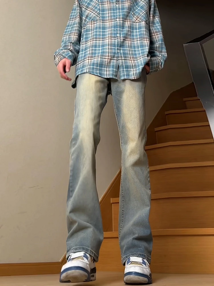 

Светло-голубые джинсы прямого кроя с высокой талией для мужчин, винтажные, в американском стиле, удлиненные, для высоких, с легким расклешением