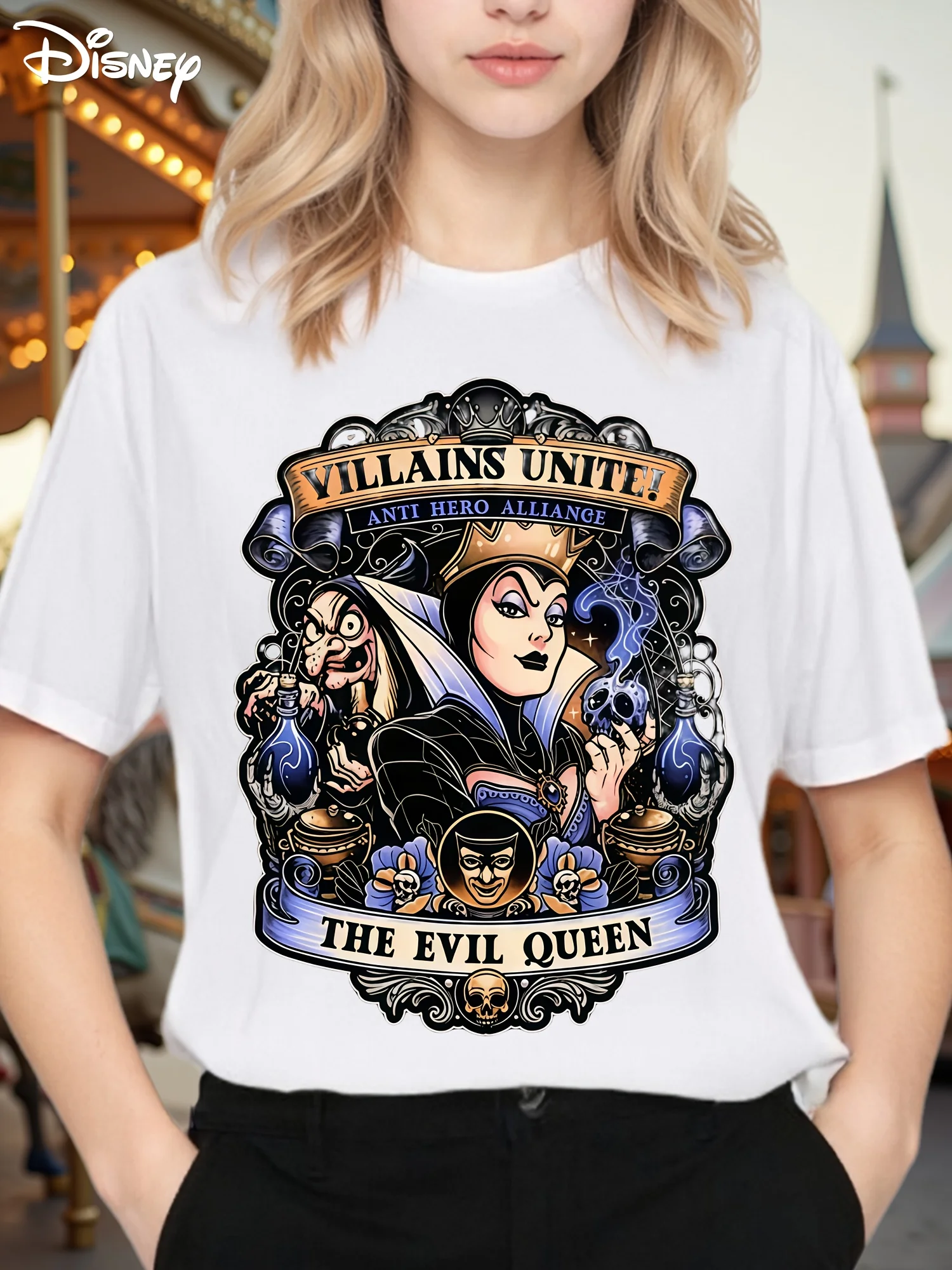 

Disney Villains Evil Queen & Witch Unite Graphic T-Shirt - 100% Oversized Comfort Fit Short Sleeve Round Neck Casual Tee