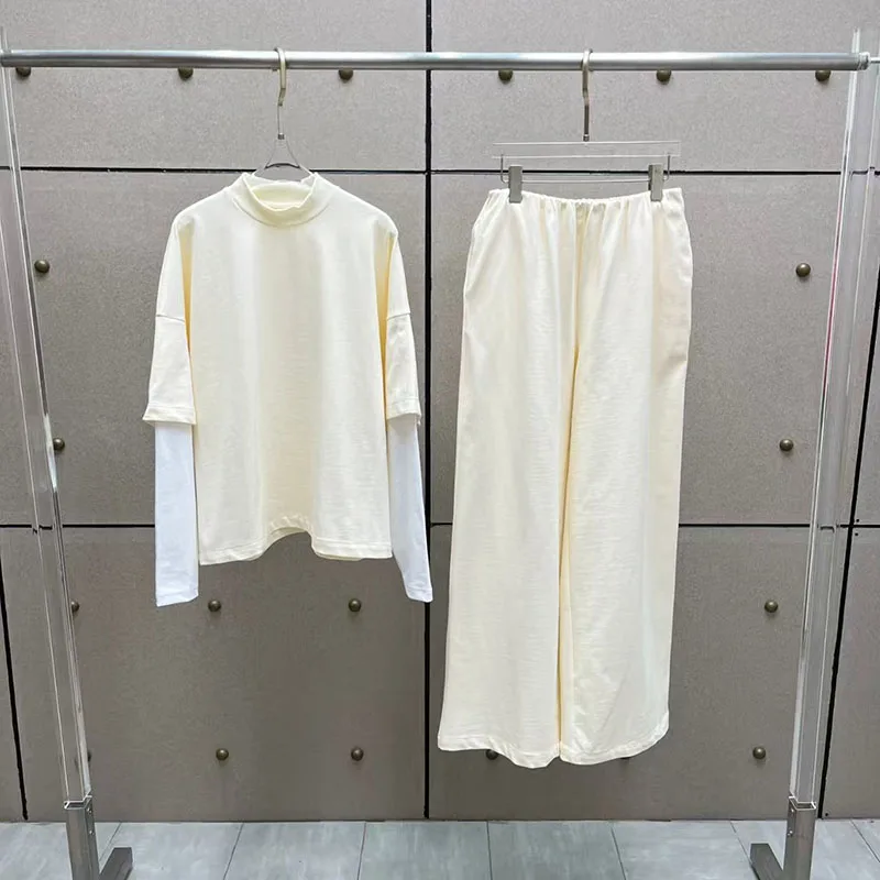 

Женский комплект из двух предметов: топ с круглым вырезом, повседневный свободный пуловер, высококачественный комплект из 100% хлопка (топ + брюки), новинка весны 2026 года.