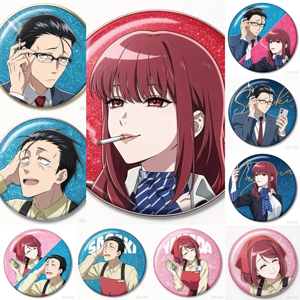 58mm Anime Smoking Behind the Supermarket with You Sasaki‌ Yamada‌ Cosplay COSTUME Badge Pin SPTE Tinplate Brooch Prop Xmas Gift