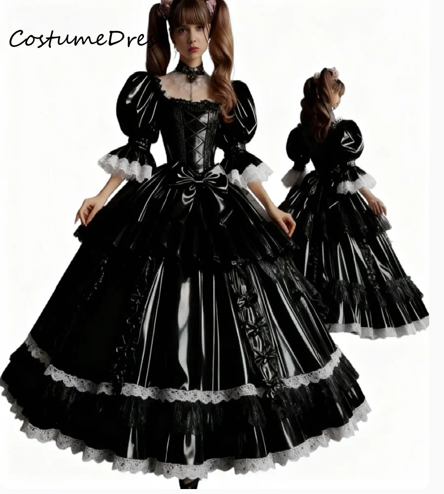アニメコスチューム PVC ブラックイブニングガウン 2026 パフスリーブ ボールガウン レース コスプレ プロムドレス コスプレ魔女 中世 ロココ パーティー