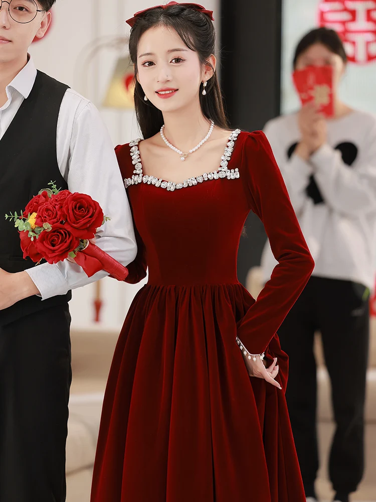 

Ele Velvet Wine Red Bridal Dr Korean Sle Long Sve Zipper Ba Slim Fit Wedding Dr Suitable for Daily Wear
