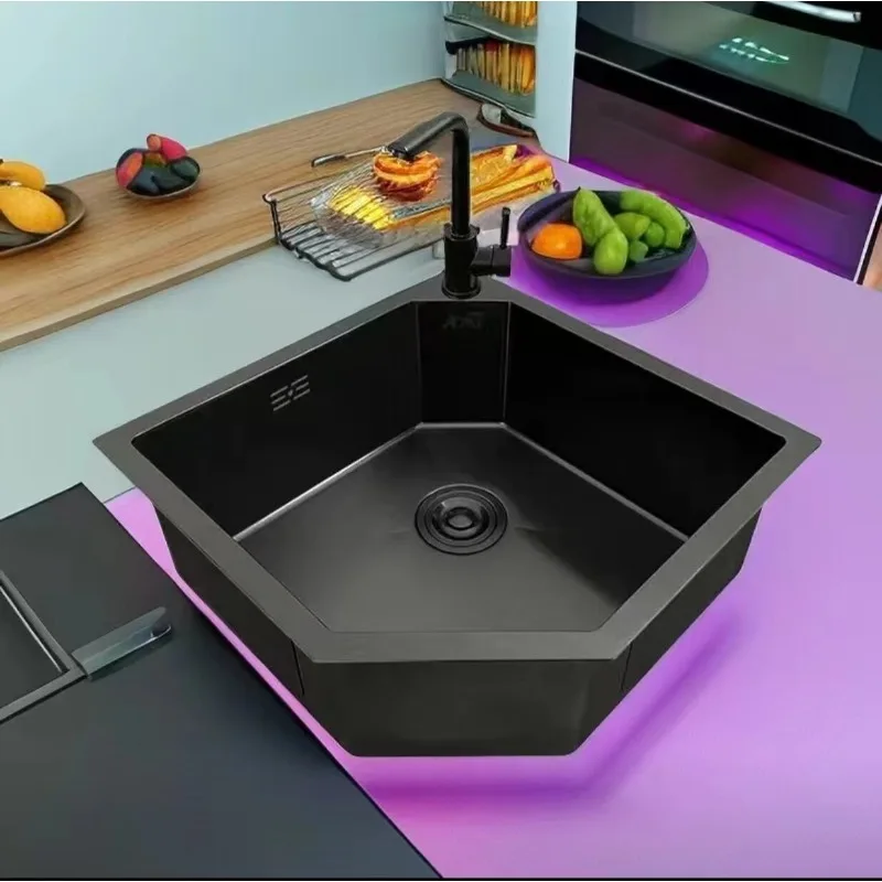 Corner Pentagon Vegetable Sink Silver Black Nano Thickened Stainless Steel