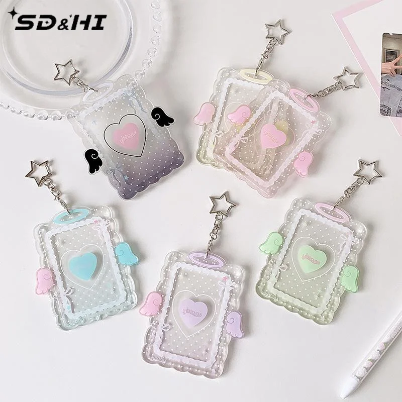 Acrylic Kpop Photocard Holder Keychain Cartoon Wings Love-heart Card Holder 3 Inch Transparent Idol Card Display Protector