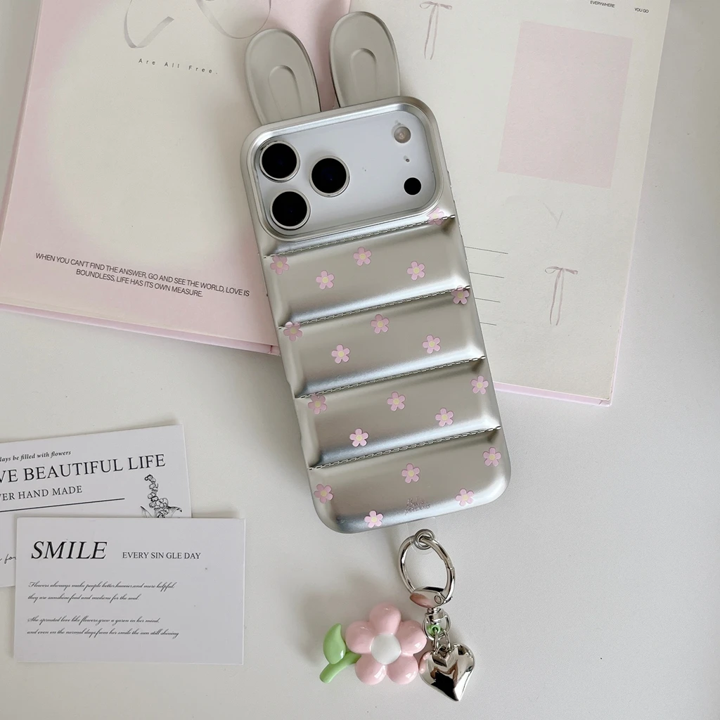 Fashion Premium Silver Stereoscopic Rabbit Ears With Flowers Pendant Shock Proof Phone Cover Case for iPhone 17 16 15 Pro Max view 2