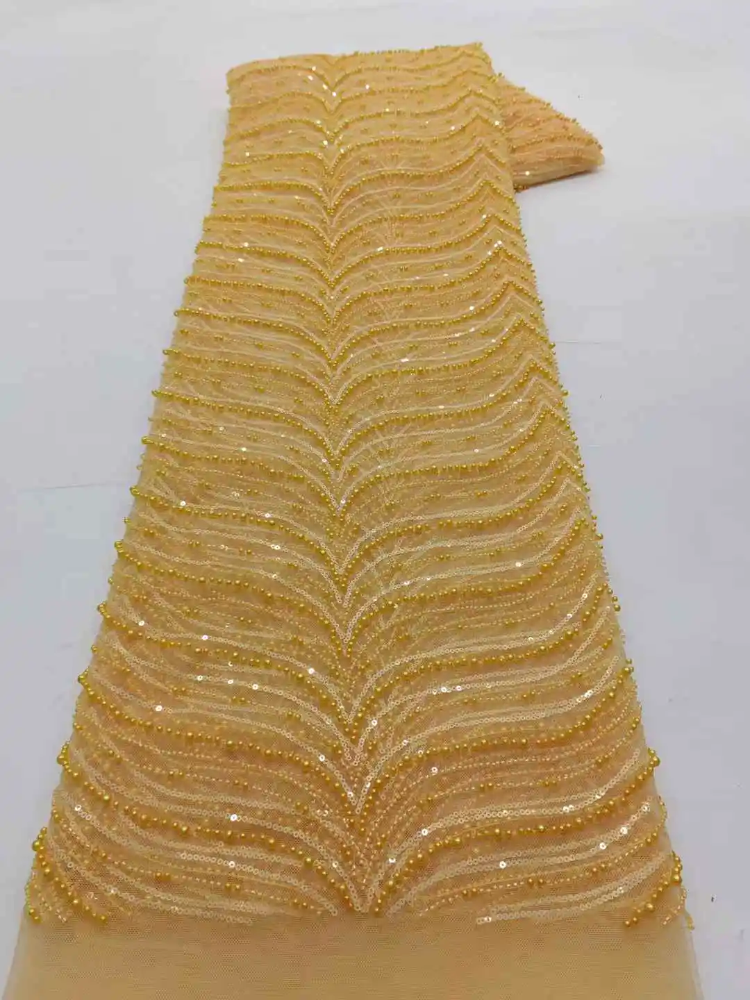 

2025 High Quality African Sequins Tulle Embroidered Groom Lace Fabric Beaded Sequins Lace Fabric For Nigerian Wedding
