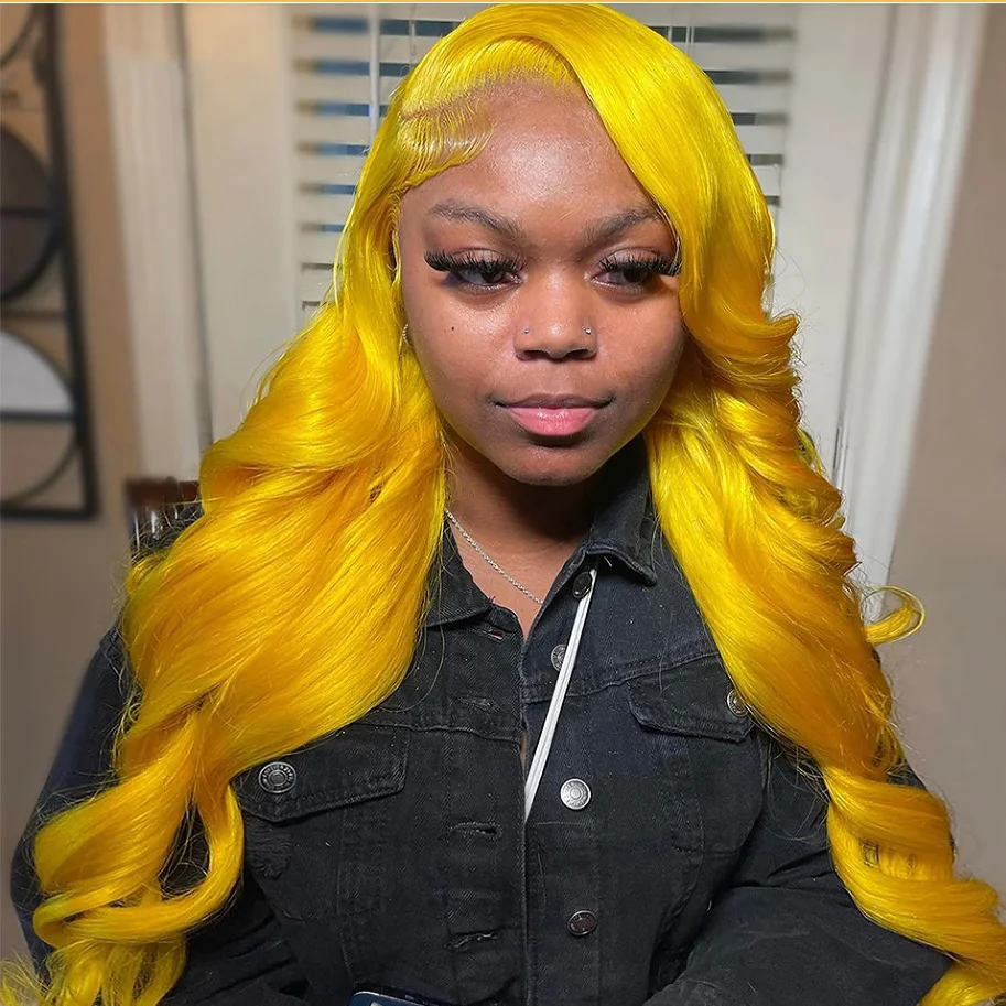 Bright Yellow Color Long Body Wave  Preplucked Soft 26 Inch 180% Density Wine red Lace Front Wig Fiber