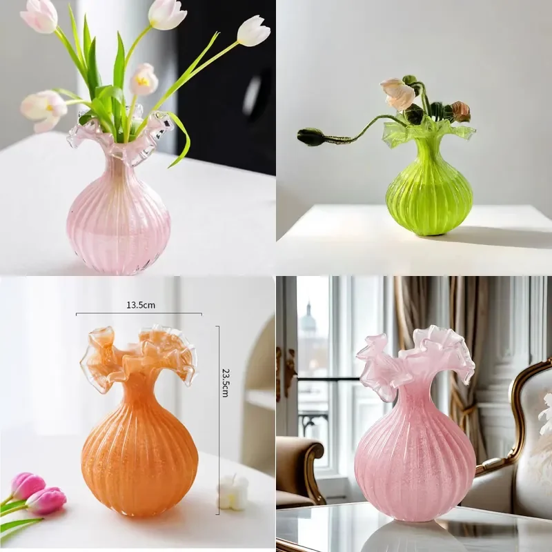 Retro French Style Pink Floral Glass Vase Glazed Home Decor Ornament for Dining Table Light Luxury Centerpiece