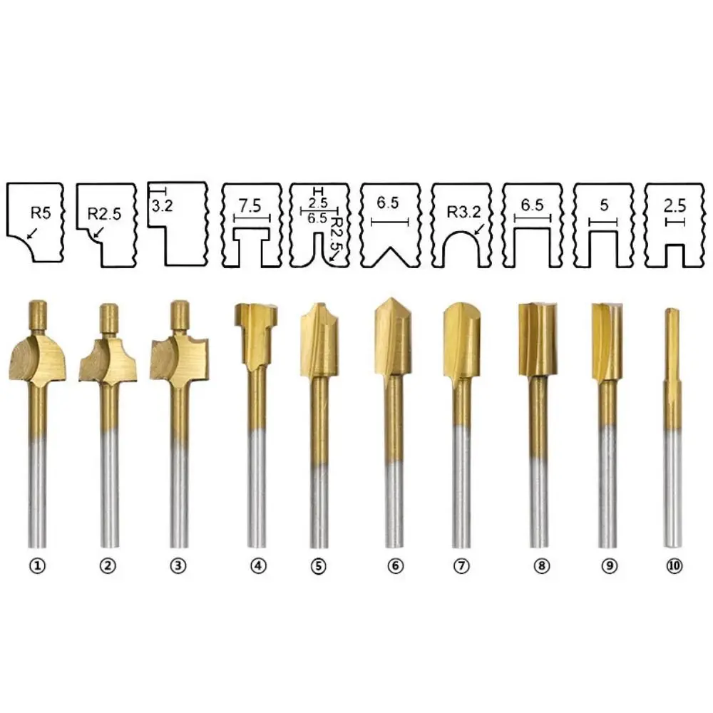 10Pcs Portable HSS Router Bits Rotary Tool Set DIY Wood Cutter Milling Professional 1/8" 3mm Shank Drill Bit for Dremel